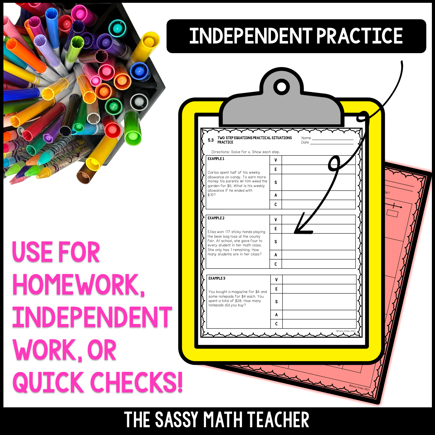 Seventh grade student completing a worksheet on solving two-step equation word problems