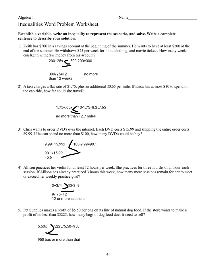 Seventh grade student solving two-step inequality word problems on a worksheet with real-world scenarios