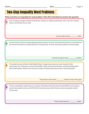 Seventh grade student solving two-step inequality word problems on a worksheet with real-world scenarios and algebraic expressions
