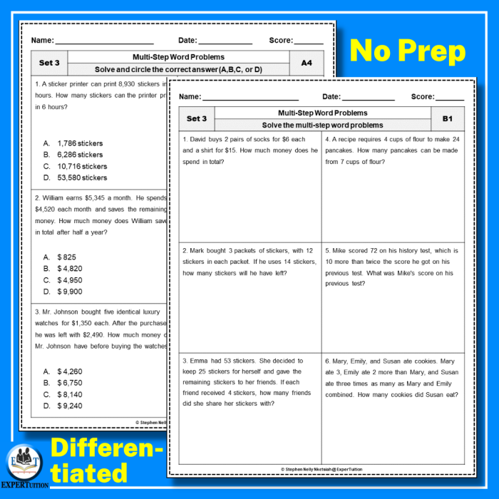 Two-Step Addition and Subtraction Word Problems Check-In worksheet for third graders