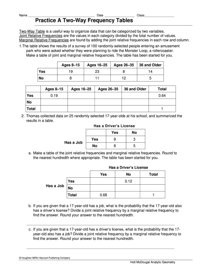 Interpreting Two-Way Frequency Tables Worksheet 16 Eighth grade worksheet for interpreting two-way frequency tables with data analysis problems
