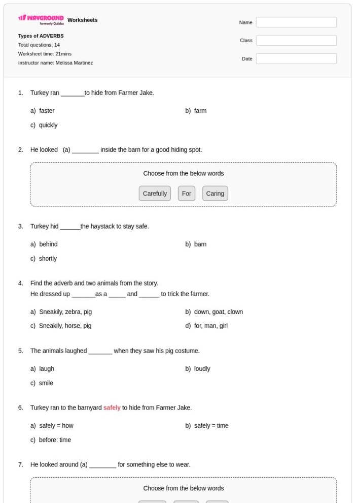 Educational resource showcasing key adverb types and examples Types of adverbs handout worksheet for third-grade geography students