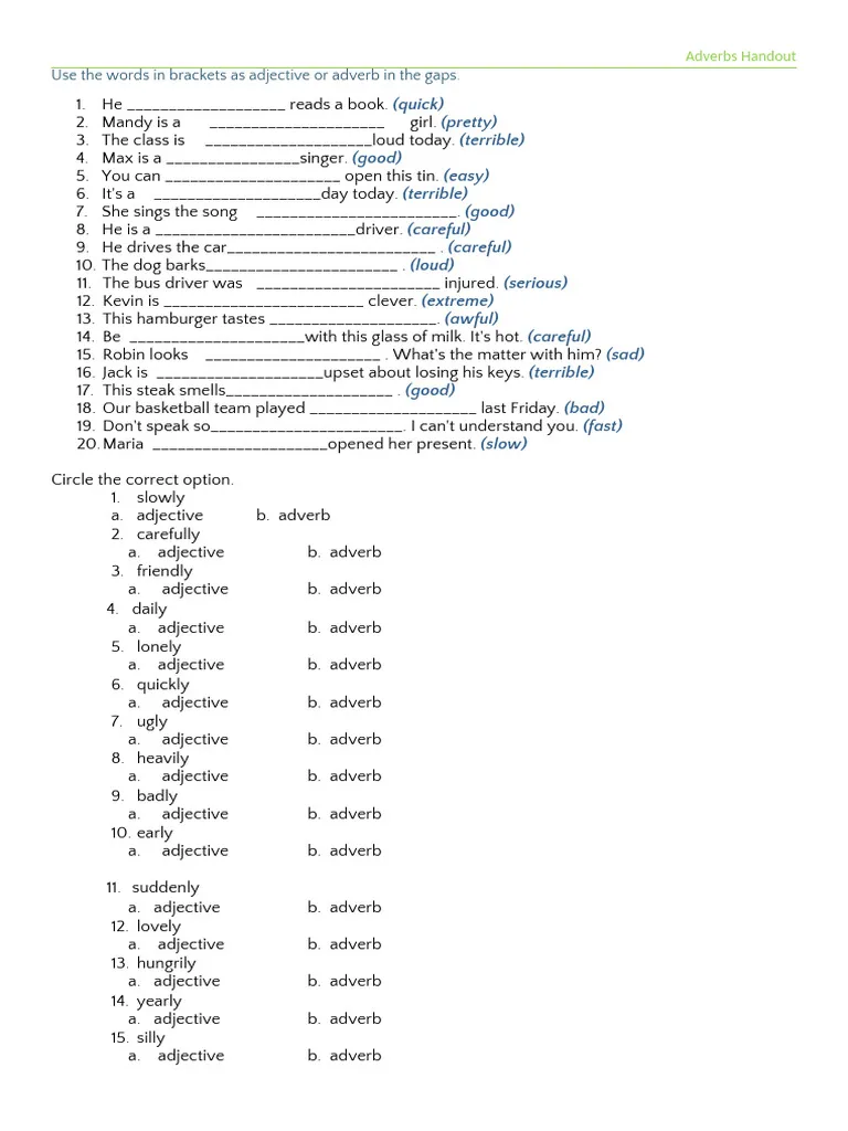 Educational handout illustrating key adverb types for young learners Types of adverbs worksheet for third graders, featuring examples and definitions