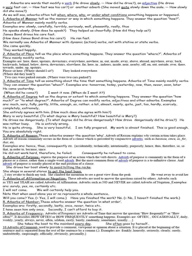 Types of Adverbs Handout for Third Grade Geography Lessons Third grade geography themed worksheet featuring a list of adverb types and clear examples