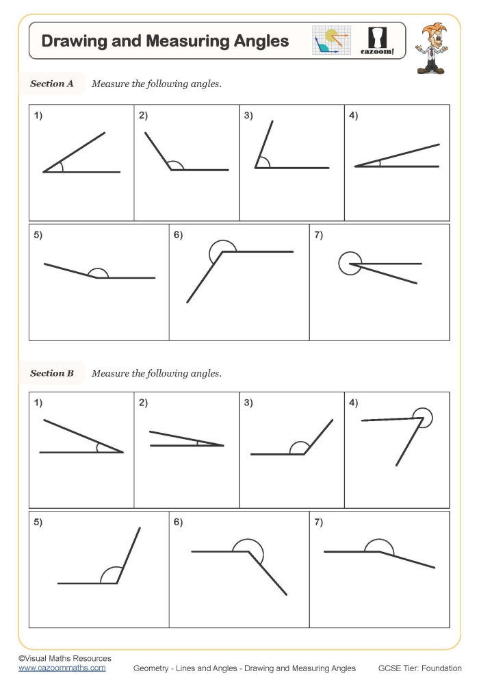 Worksheet featuring various types of angles for third graders to practice geometry concepts