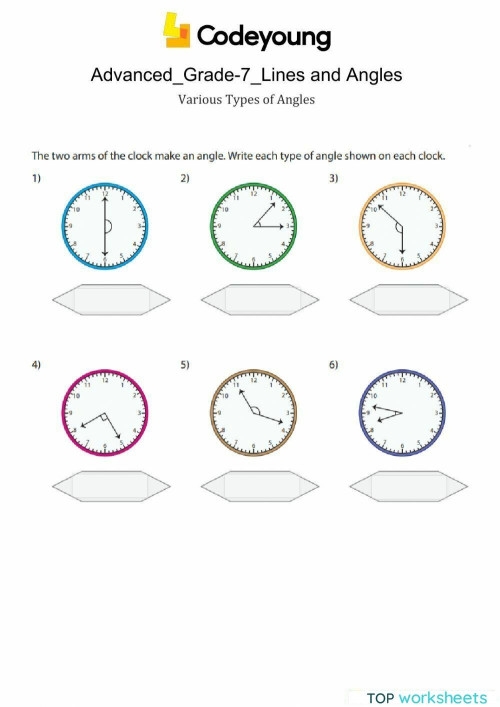 Worksheet featuring various types of angles for third graders to practice geometry skills