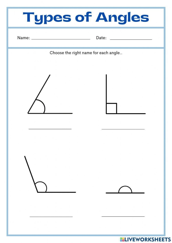 Types of Angles worksheet for third graders to practice identifying angles