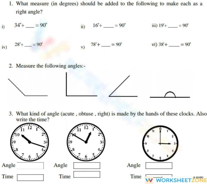 Worksheet featuring various types of angles for third graders to practice geometry skills