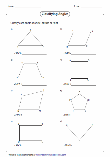 Types of Angles worksheet for third graders focusing on basic geometry concepts