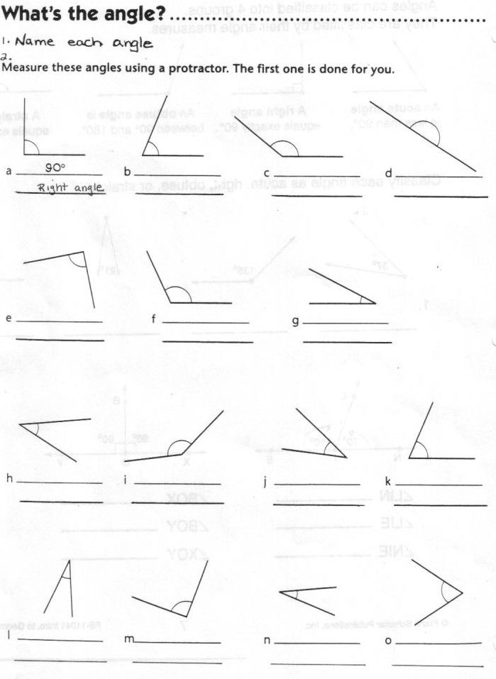 Worksheet for identifying various types of angles in geometry for third graders