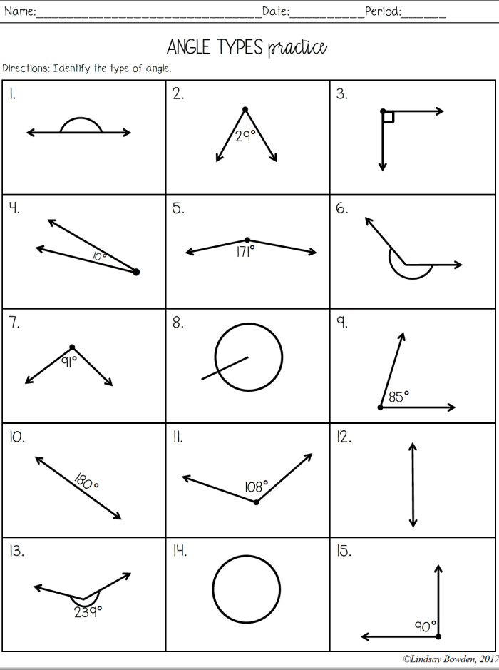 Worksheet for identifying various types of angles in basic geometry for third graders