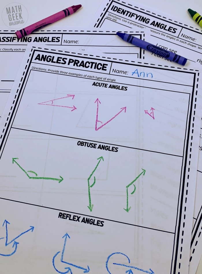 Worksheet featuring various types of angles for third-grade students