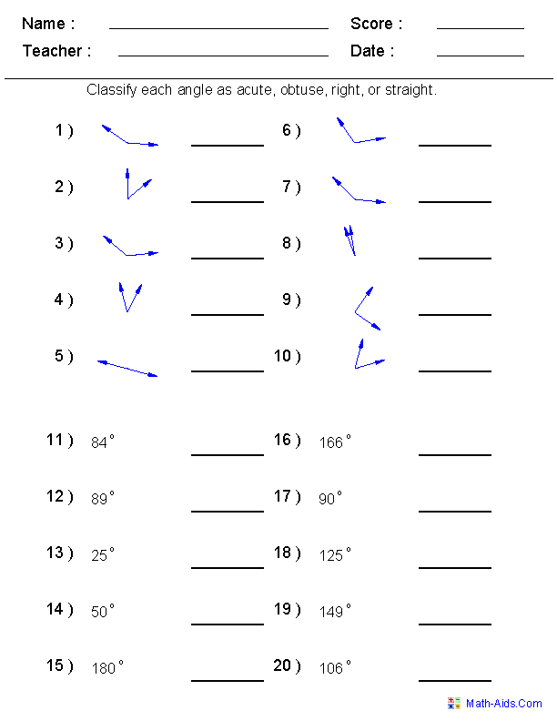Worksheet for identifying various types of angles suitable for third-grade students