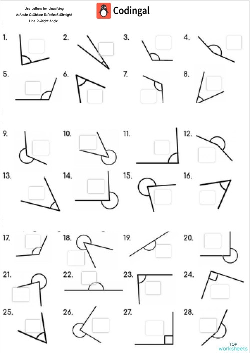 Worksheet featuring various types of angles for third-grade students