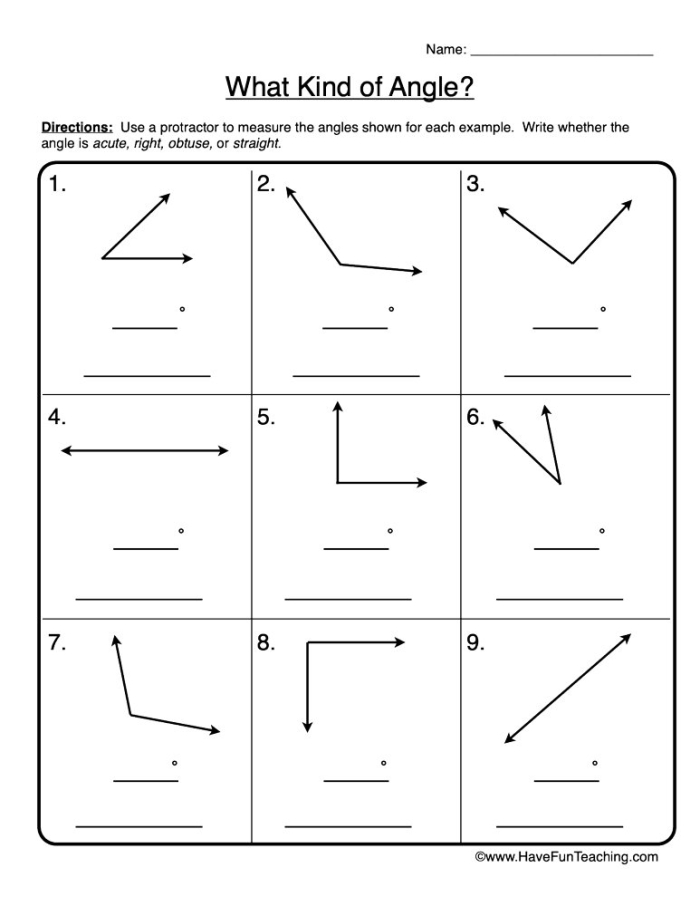 Worksheet for identifying various types of angles in geometry for third graders