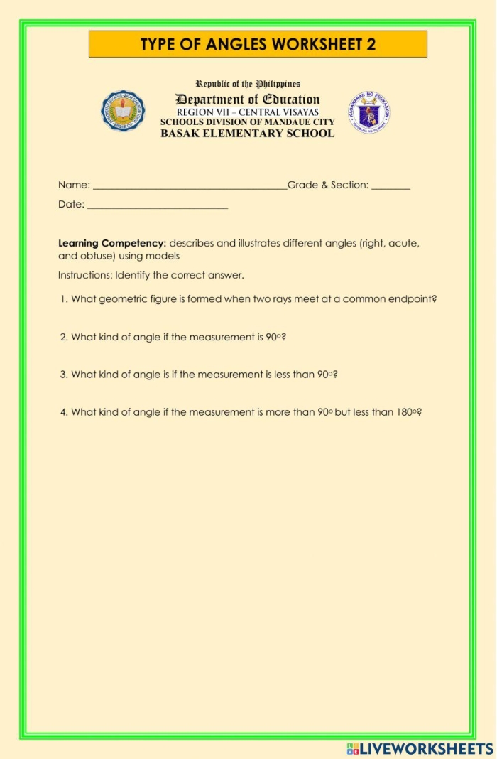 Worksheet featuring various types of angles for third graders to practice geometry concepts