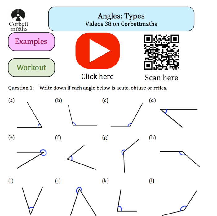 Worksheet featuring various types of angles for third-grade geometry practice