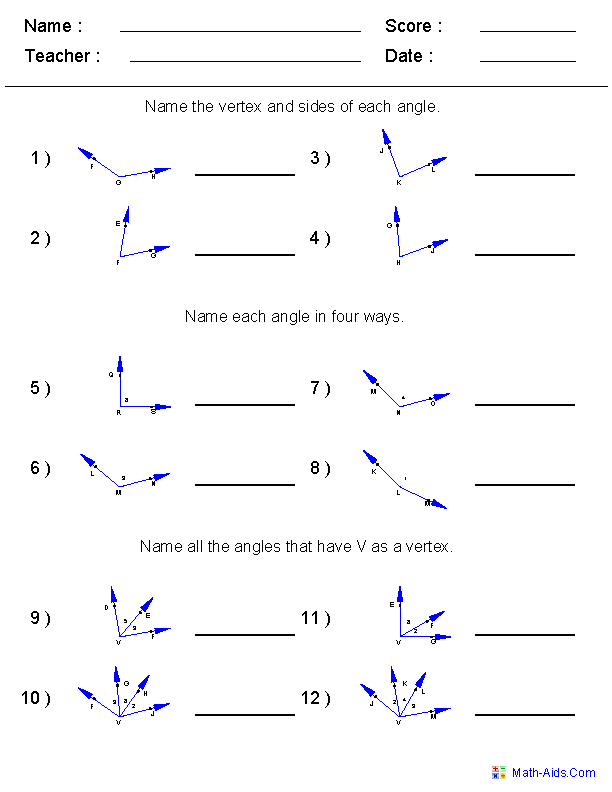 Worksheet featuring various types of angles for third graders to practice geometry skills
