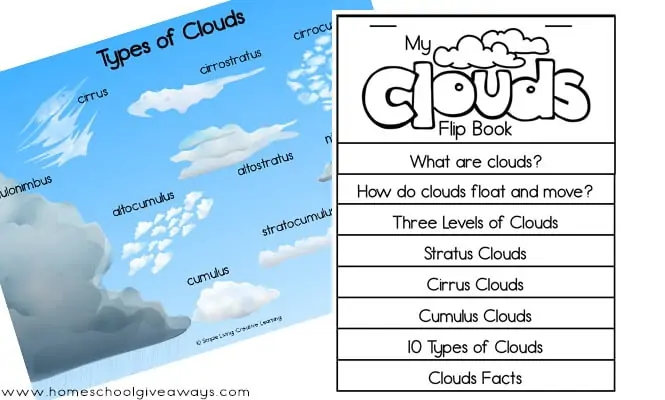 Educational resource showcasing different types of clouds for young learners Colorful illustration of various cloud types for a second-grade science worksheet