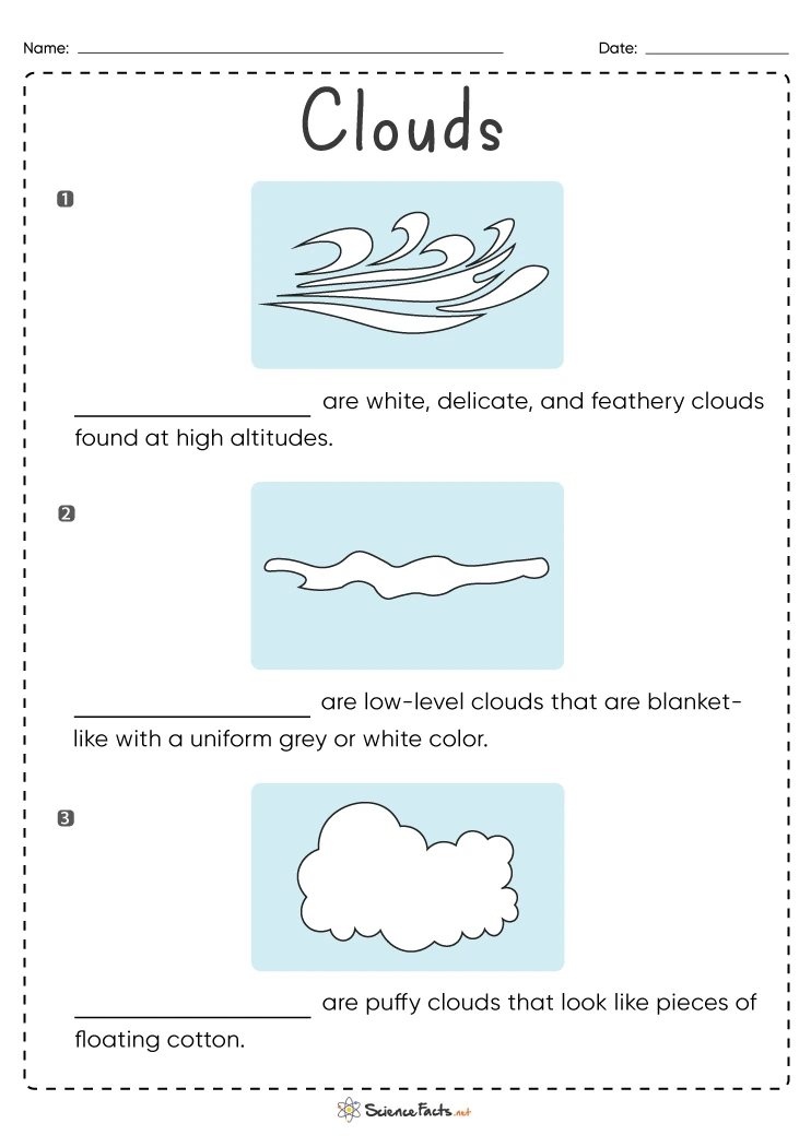 Reading worksheet for Second Grade Worksheet featuring various types of clouds to aid second graders in their science learning. Engaging Types of Clouds worksheet for young learners.