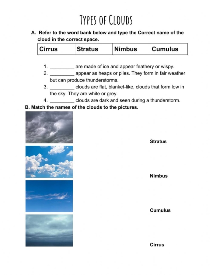 Educational worksheet on types of clouds for young learners Colorful illustration of various cloud types for a second-grade science worksheet