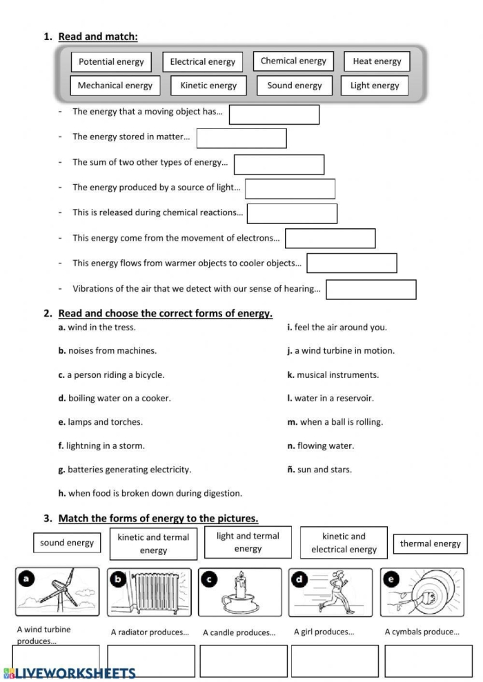 Educational Types of Energy worksheet for third grade science lesson four Third grade science worksheet covering various types of energy for students