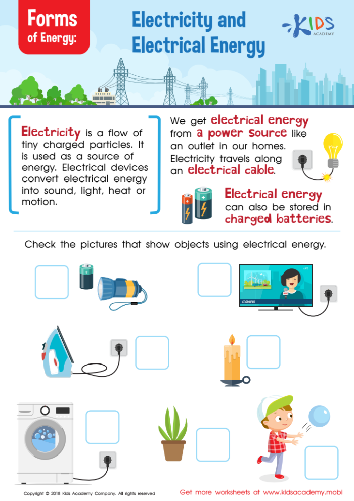 Exploring different types of energy in a fun and educational way Types of Energy worksheet for third graders featuring various energy forms