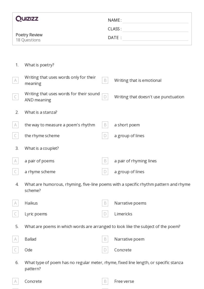 Types of Poetry Worksheet Lesson 22 for Third Grade Students Third grade worksheet featuring various poetry structures and rhyming styles