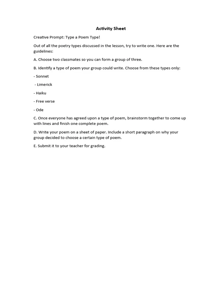 Types of Poetry Worksheet for Third Grade Students Third grade student working on a Types of Poetry worksheet about different literary structures