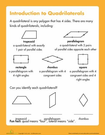Third grade math worksheet featuring illustrations and exercises for identifying five distinct types of quadrilaterals