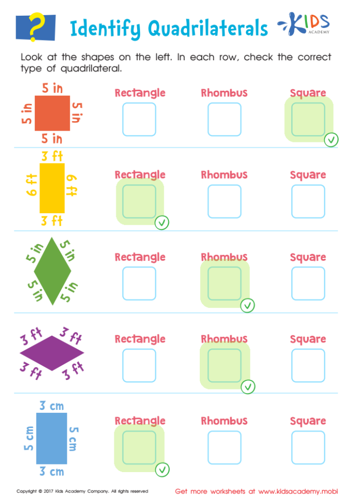 Illustration of a Types of Quadrilaterals worksheet for third graders with practice problems