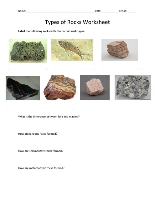 Second grade science worksheet illustrating the three main types of rocks with geology themed activities