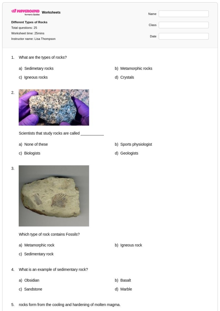 Fun matching quiz on the three main rock types for young geologists Worksheet for second graders on identifying types of rocks through a quiz activity