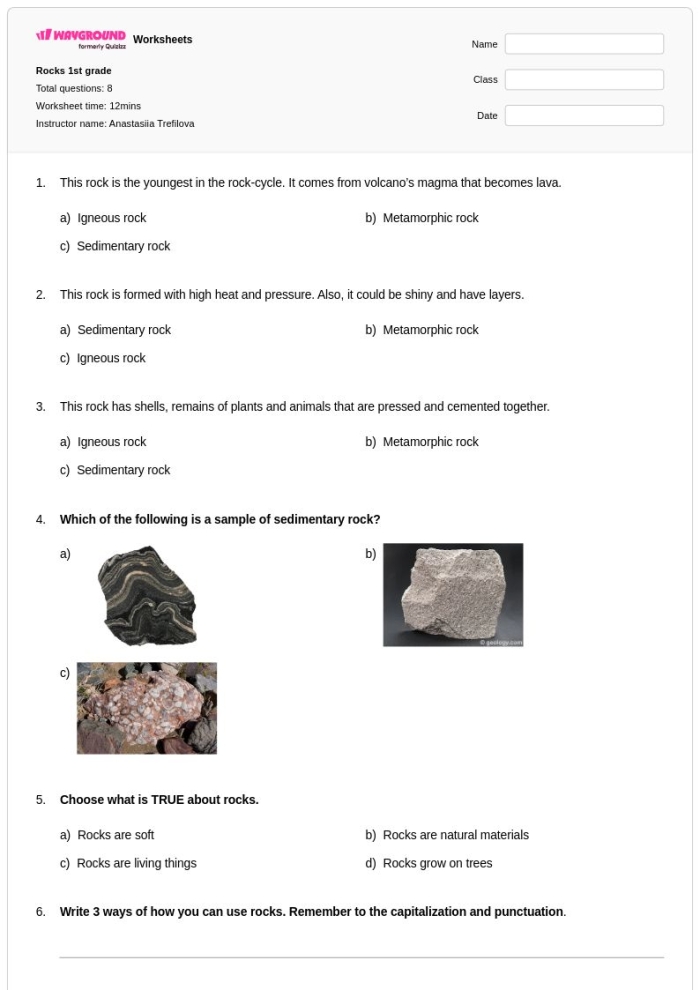 Types of Rocks quiz worksheet for young geologists in second grade A second-grade quiz worksheet featuring a matching activity on the three main types of rocks