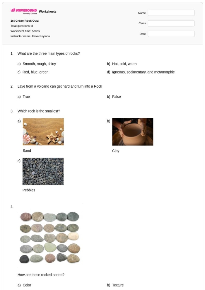Engaging quiz worksheet for second graders about types of rocks Worksheet for identifying the three main types of rocks through a fun quiz activity