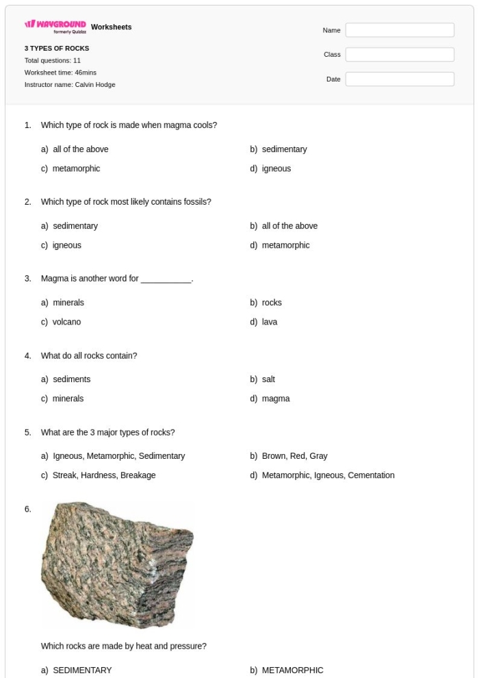 Types of Rocks Quiz Worksheet for Young Geologists A worksheet for second graders to match the three main types of rocks in a fun quiz format