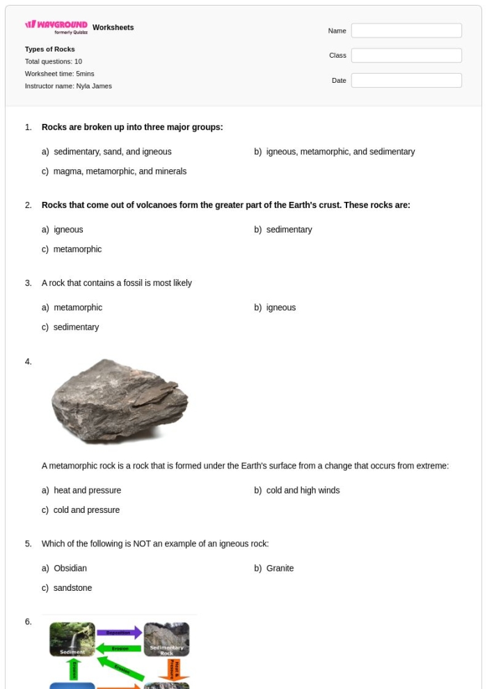 Types of Rocks Quiz Worksheet for Young Geologists Worksheet for identifying the three main types of rocks for second graders