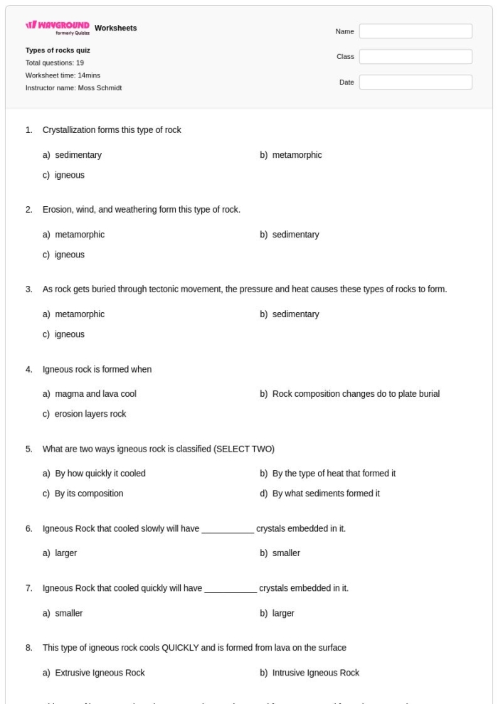 Interactive matching activity for young geologists to explore rock types Worksheet showing a quiz on the three main types of rocks for second graders