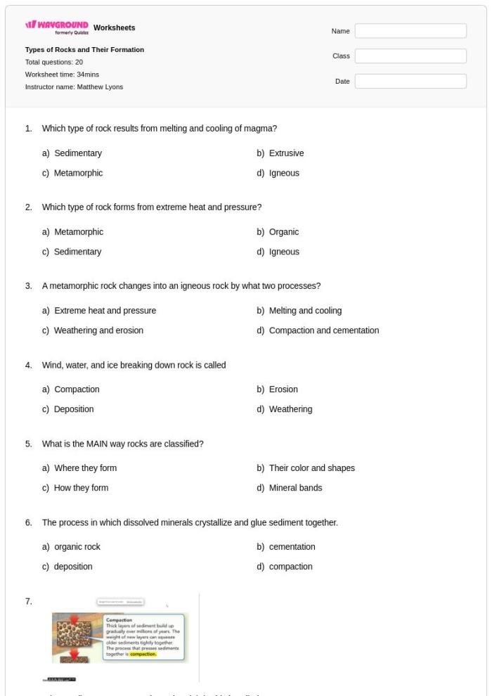 Interactive matching activity for young geologists to test their earth science knowledge Worksheet featuring a quiz on the three main types of rocks for second graders