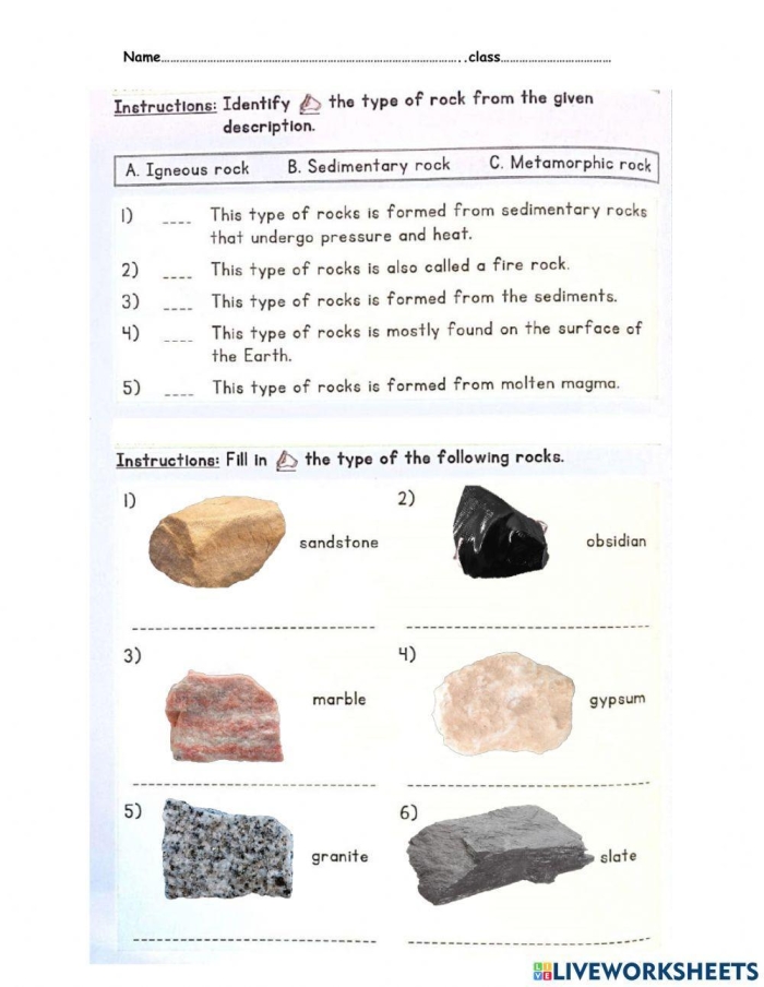Types of Rocks Quiz Worksheet for Young Geologists Worksheet featuring a quiz on the three main types of rocks for second graders