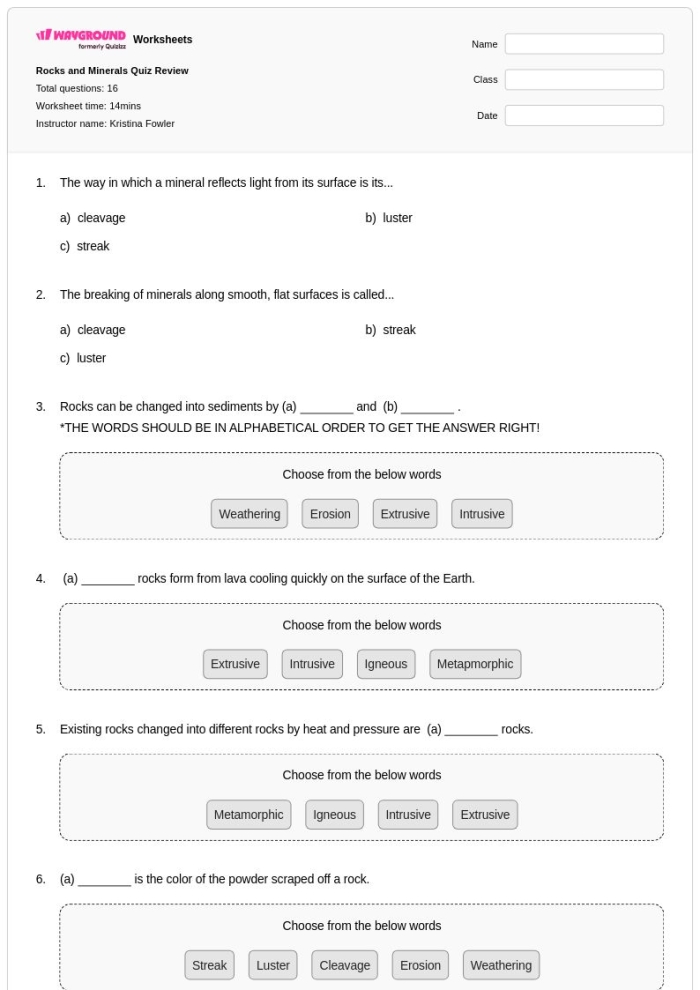 Interactive matching activity for young geologists to test their earth science knowledge Worksheet featuring a quiz on the three main types of rocks for second graders