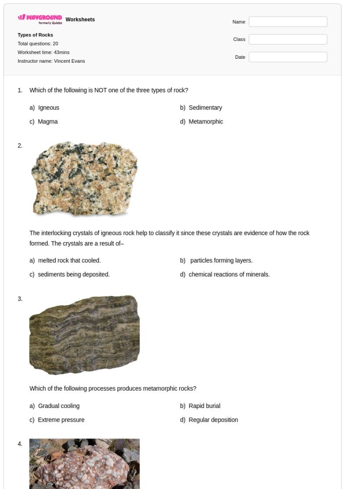Engaging activity for young geologists to test rock identification skills Worksheet featuring a quiz on the three main types of rocks for second graders