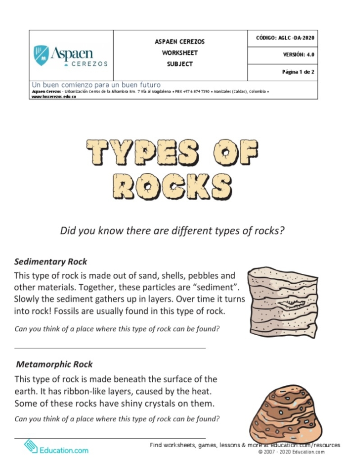 Second grade worksheet illustration showing three types of rocks including igneous, sedimentary, and metamorphic rock samples with labels