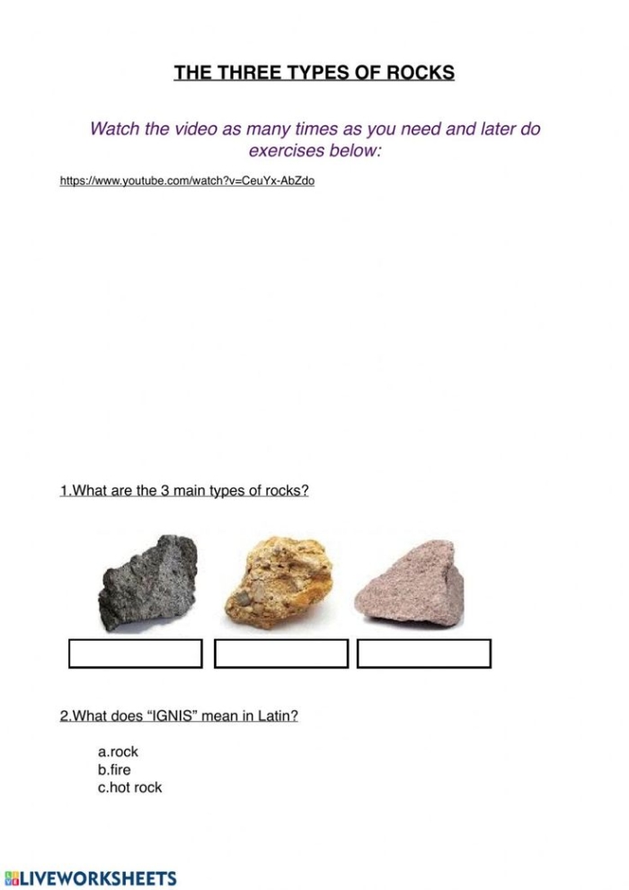 Second grade geology worksheet illustrating the three main types of rocks for young students