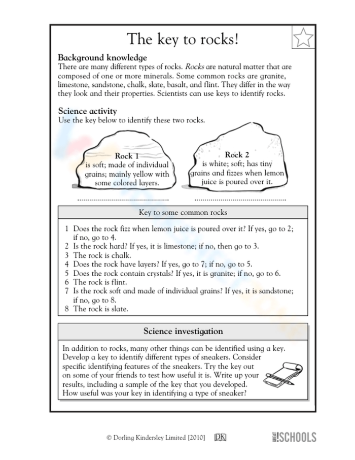 Second grade student exploring three major types of rocks on an educational geology worksheet with illustrations and learning activities