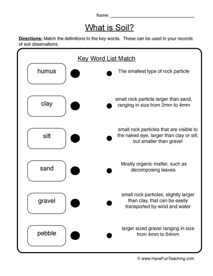 Types of soil particles illustrated for a second-grade science worksheet