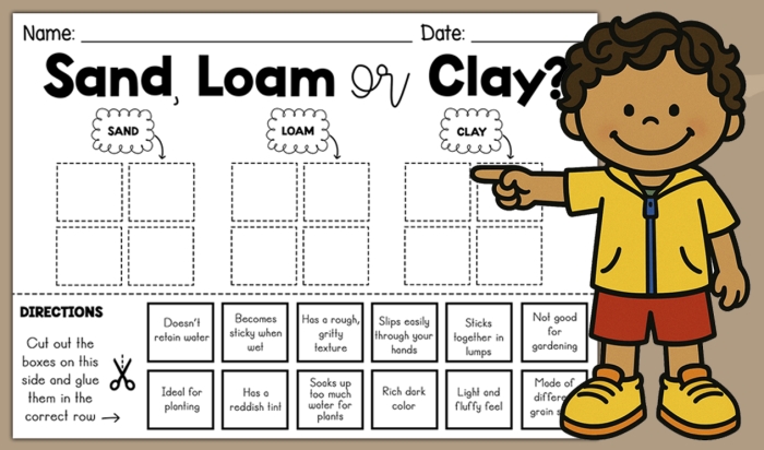 Types of Soil worksheet featuring different soil particles for second graders
