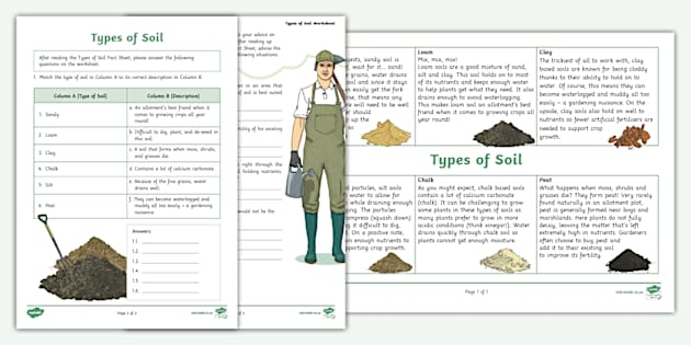 Illustration of various soil types for a second-grade worksheet on earth science
