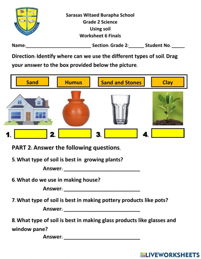 Colorful worksheet illustrating various types of soil particles for second graders. Educational resource for exploring earth materials in Earth and Space Science.