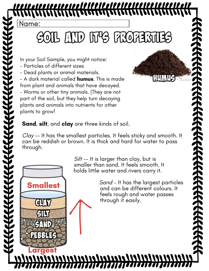A colorful worksheet illustrating various types of soil particles for second graders